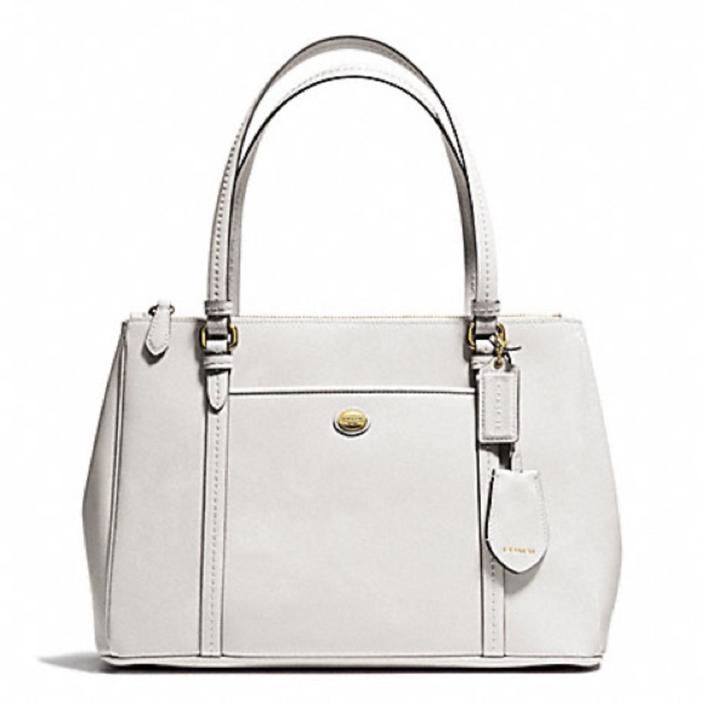 COACH PEYTON LEATHER JORDAN DOUBLE ZIP CARRYALL White Tan Cream purse